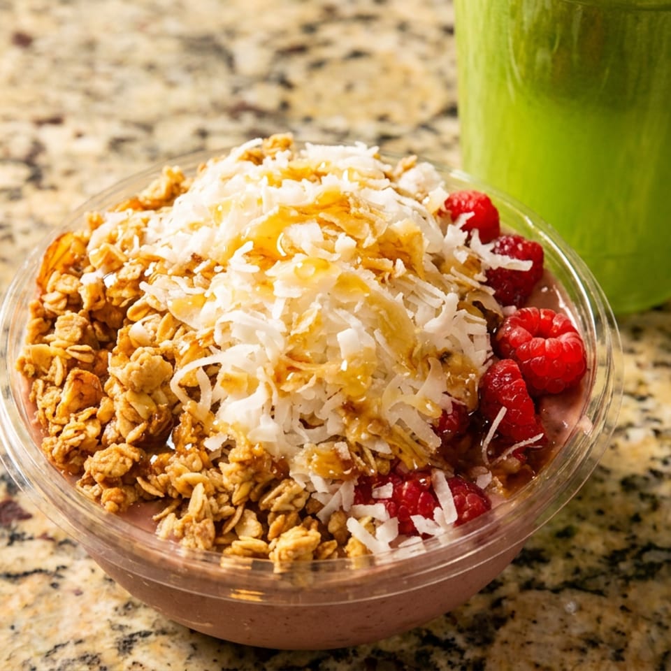 A smoothie bowl with granola, shredded coconut, raspberries, and honey next to a green drink.